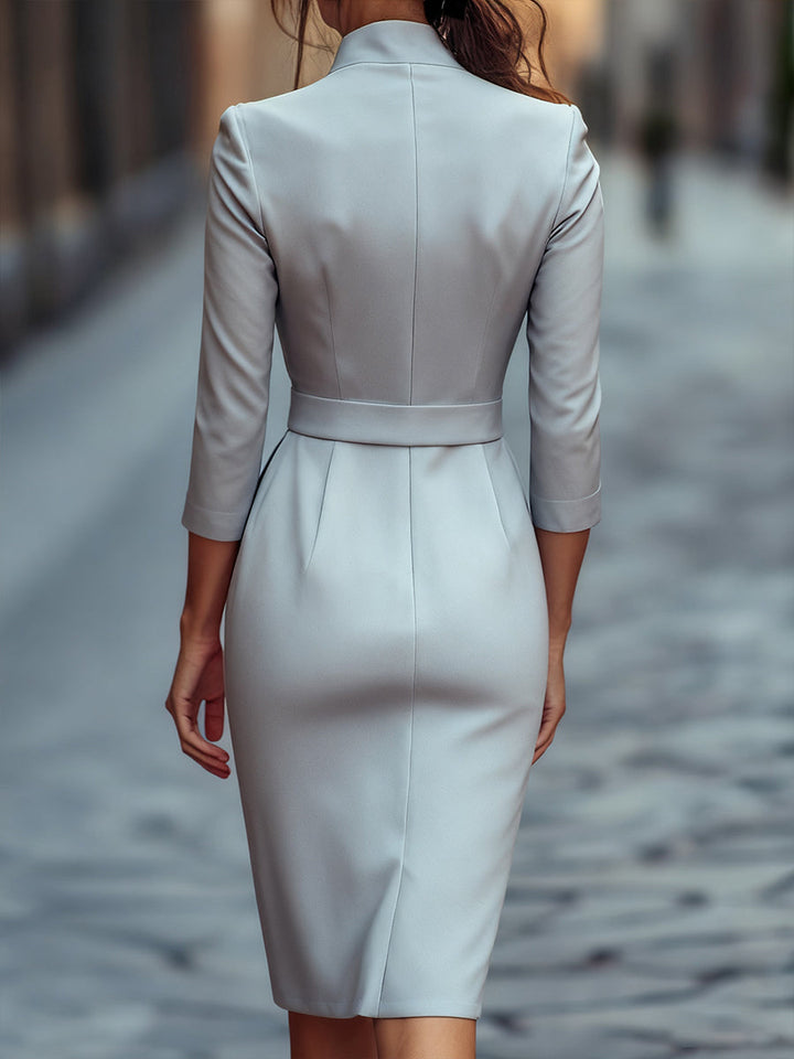 Refined Black Belted Sheath Dress with Mandarin Collar