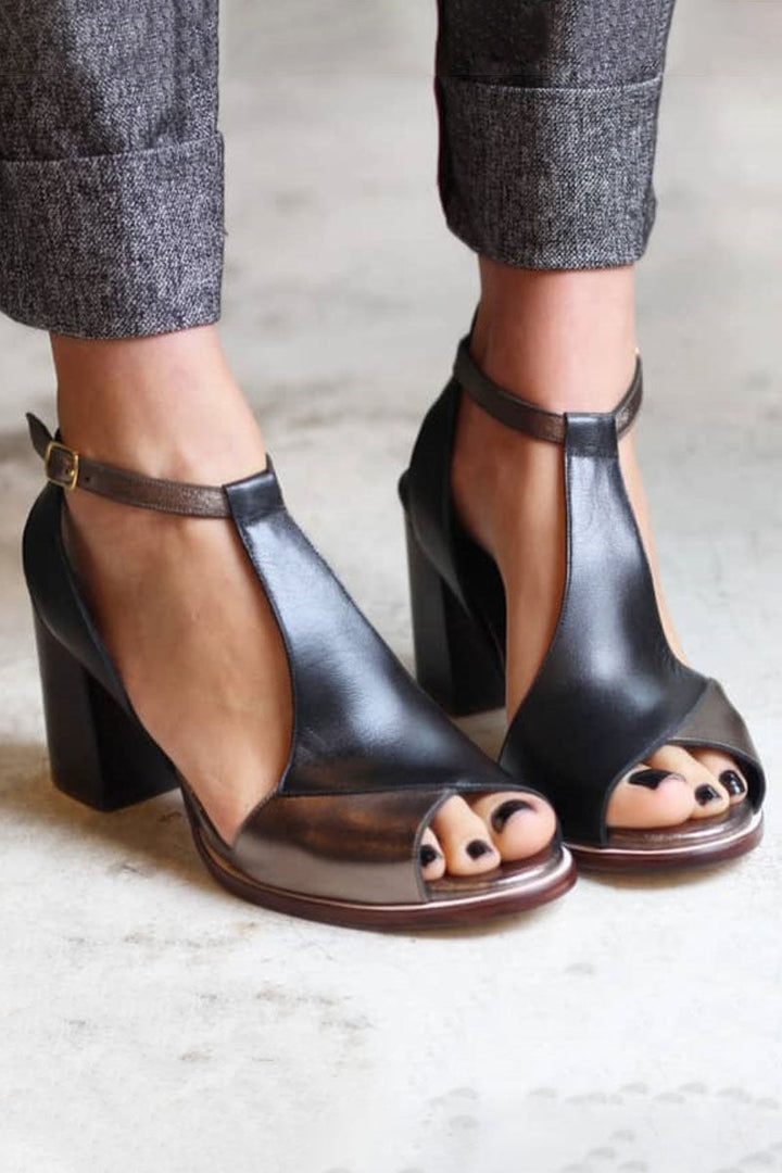 Anyao™ | Black Patchwork Open-Toe Heels